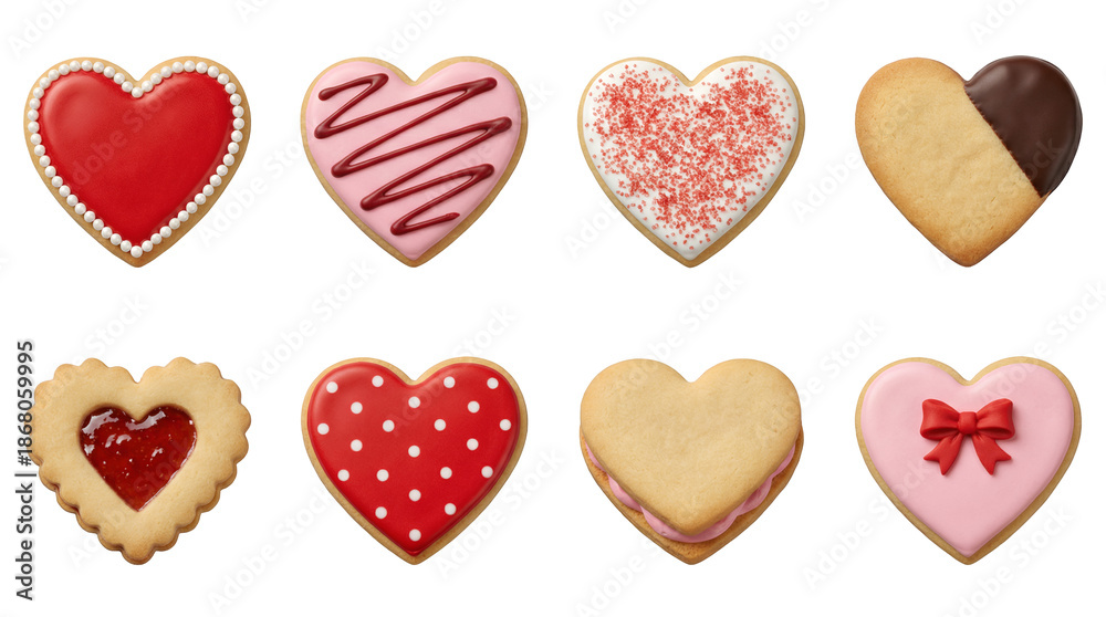 Fototapeta premium Heart shaped cookie set including iced, sprinkled, jam filled, and chocolate dipped variants isolated. Romantic valentines day treats and sweet bakery collection.