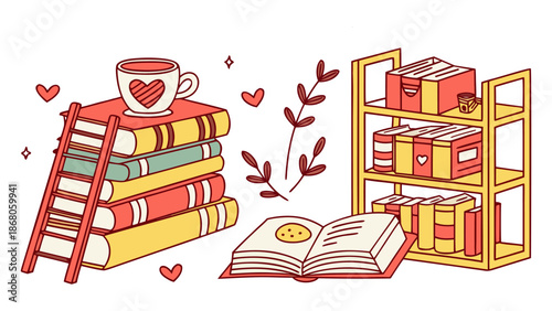 Cute hand drawn style illustration of books with a ladder and a bookshelf on a transparent background vector art.