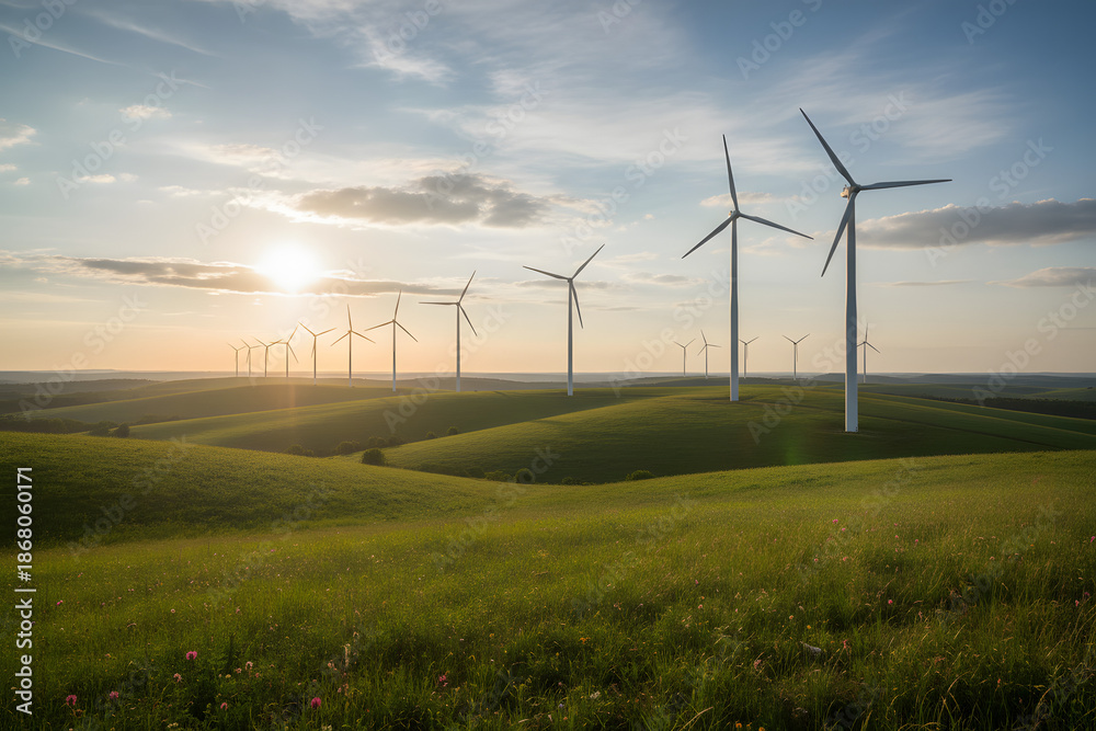 Obraz premium serene landscape with wind turbines on lush green hills at golden hour sunrise 