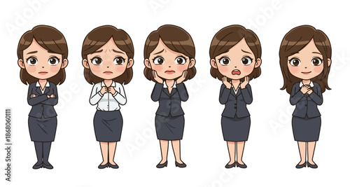 Cartoon Businesswoman Emotion Set: Worry, Stress, Confusion, and Relief Poses