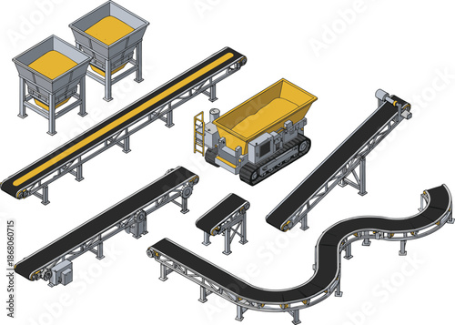 Isometric industrial conveyor system illustration, mining aggregate processing equipment belts hoppers machinery isolated white background factory production line