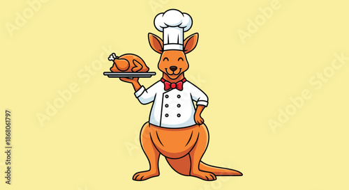Illustration of a kangaroo wearing a chef's hat and coat holding a roasted turkey on a platter against a pale yellow background.