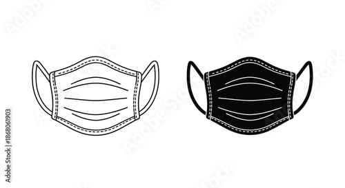 Two surgical face masks, one outlined and one filled, on a white background in a flat lay composition.
