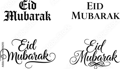 Eid Mubarak typography set with multiple lettering styles including calligraphy, script, and classic fonts for Islamic greetings