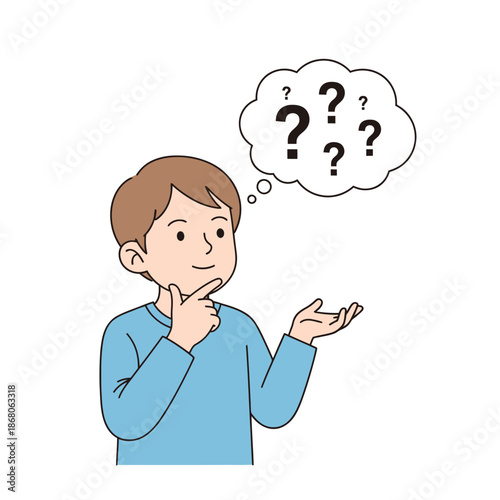 Young boy thinking with question marks in a speech bubble, confusion and curiosity concept
