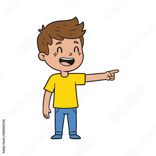 Happy Boy Pointing Finger, Excited Child, Cheerful Kid, Cartoon Character, Isolated on White