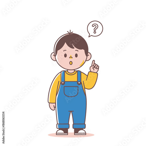 Curious child in overalls with question mark bubble, thinking, asking, confused, wondering
