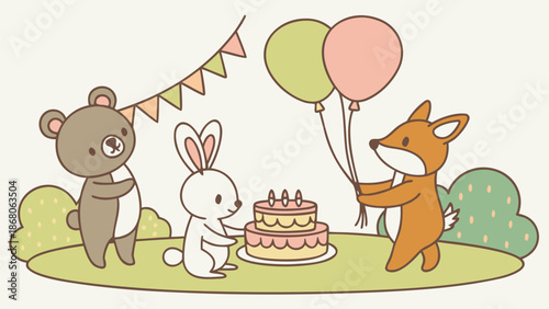 Cute cartoon animals celebrating birthday with cake and balloons