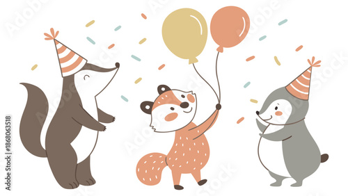 Three adorable woodland friends celebrating with balloons and party hats