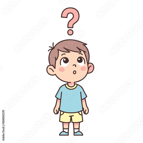 Cartoon boy with question mark above head, confused or thinking child illustration