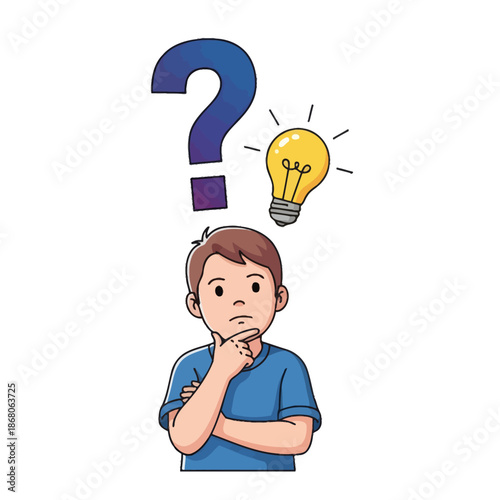 Boy Thinking with Lightbulb and Question Mark, Idea Generation, Problem Solving, Creativity Concept