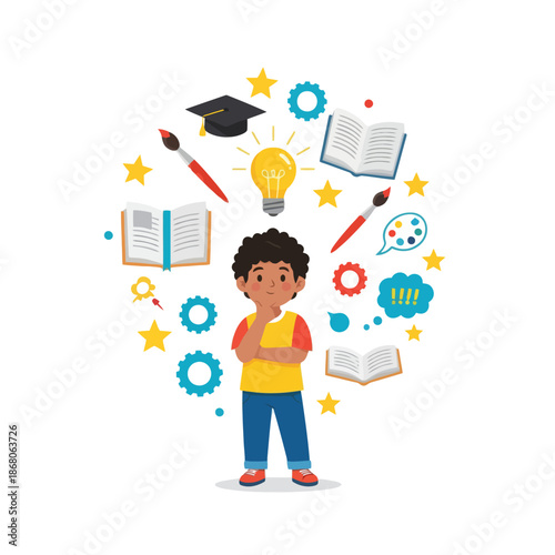 Curious child thinking about learning, ideas, and creativity, surrounded by education symbols.