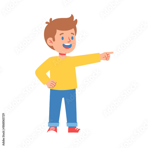 Happy Boy Pointing to the Side, Cartoon Character, Isolated on White Background