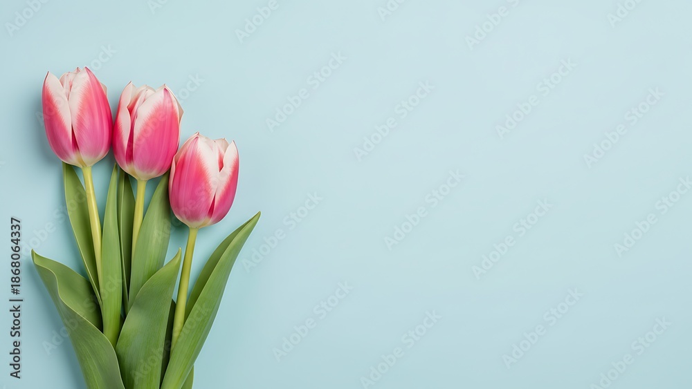 Obraz premium Valentine's day love background with pink tulips on light blue