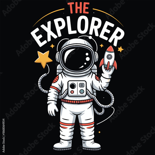 Astronaut holding rocket with stars and the explorer text