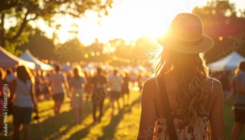 Woman in hat enjoying a vibrant outdoor festival at sunset.