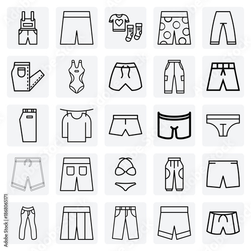 Assortment Of Men'S Trousers And Shorts – Including Denim, Swimwear, And Casual Styles For Fashion And Retail Marketing.