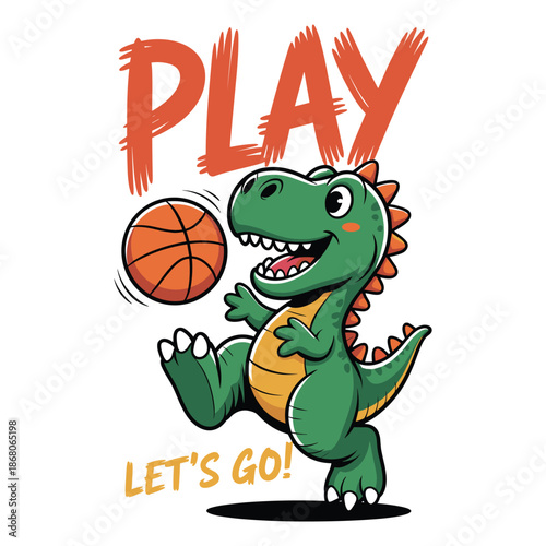 Green cartoon dinosaur playing basketball with orange ball and text play lets go