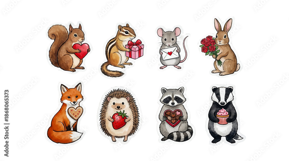 Obraz premium Forest animal set including squirrel, chipmunk, mouse, rabbit, fox, hedgehog, raccoon, and badger with valentine treats isolated. Cute woodland creature collection.
