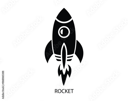 Minimalist black rocket taking off with fiery exhaust Vector