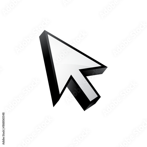 A modern 3d white computer mouse pointer icon against a dark, solid black background