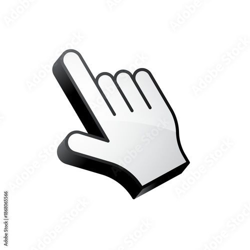 A 3d white hand mouse cursor icon pointing with index finger on a black background