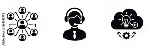 Black glyph icons representing business network communication, customer support, and cloud computing innovation for digital projects and corporate presentations