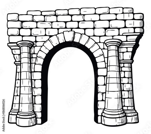 Ancient stone archway with decorative columns and a sturdy brick wall texture perfect for historical architecture projects or graphic design resources.