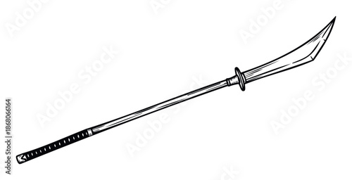 A powerful vintage style Asian martial arts pole weapon featuring a sharp curved blade and a long grip, ideal for historical documentaries, video games, or traditional combat themes