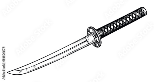 A striking black and white handdrawn style Japanese katana sword featuring a finely detailed wrapped handle, excellent for martial arts themes, cultural studies, or graphic design projects.
