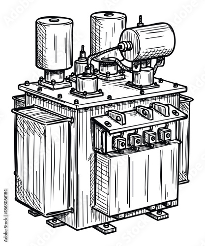 Monochromatic hand drawn style power transformer for electrical power distribution and industrial energy applications suitable for engineering and utility projects