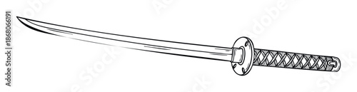 Detailed black and white drawing of a traditional Japanese katana featuring a sharp curved blade and intricate wrapped handle suitable for warrior spirit designs and Asian cultural themes.
