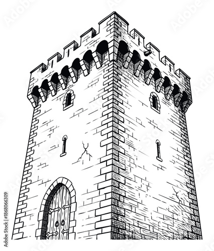 Medieval castle tower with stone walls, fortified battlements, and a grand arched entrance depicted in a graphic hand drawn style suitable for historical projects, game assets, and