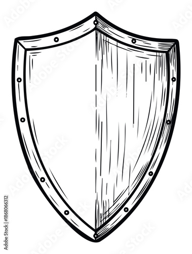 Hand drawn battle shield symbol featuring rustic wood grain and metal rivets ideal for gaming assets, heraldry logos, or ancient history presentations