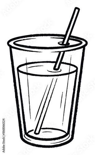 Monochrome graphic representation of a refreshing drink in a tumbler with a bent straw, ideal for minimalist logos, casual caf signs, or simple visual aids in health and wellness