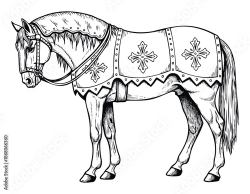 Noble warhorse adorned in elaborate medieval barding featuring heraldic crosses and decorative studs, perfect for historical books, educational resources, themed events, or fantasy game