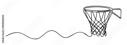Minimalist single line drawing of a basketball hoop and net creating an abstract wave perfect for sports marketing materials or athletic event promotions.