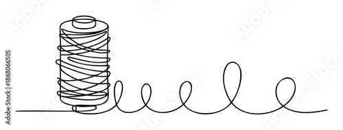 Continuous line drawing of a thread spool with an unspooling string forming elegant loops, perfect for creative crafting advertisements or textile industry promotions