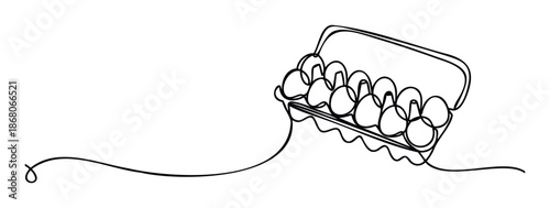 Continuous single line drawing of a dozen eggs in an open cardboard carton perfect for grocery store branding, kitchen themes, or cooking recipe layouts