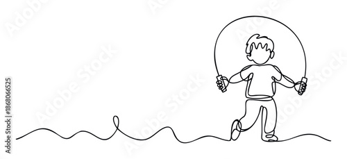 Minimalist continuous line drawing of a happy child jumping rope, perfect for promoting childrens health and playful activities in educational or wellness campaigns.