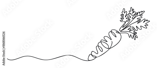 Abstract continuous line drawing of a vibrant carrot with leafy greens, suitable for food related themes, health consciousness campaigns, or modern culinary branding