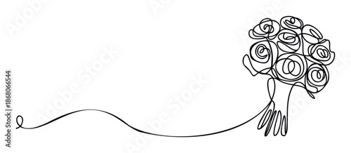 Elegant continuous line drawing of a stylized rose bouquet held by a hand, symbolizing love and connection, perfect for romantic invitations, anniversary gifts, or decorative wall prints