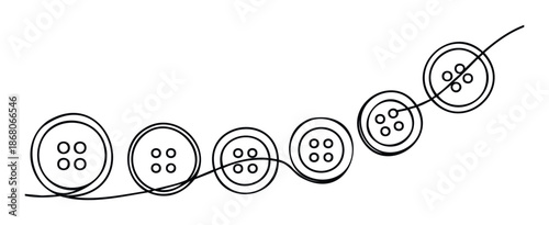 A stylized line drawing featuring several clothing buttons in diminishing sizes, strung together by a winding thread, perfect for showcasing creative handmade projects or textile industry