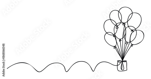 Dynamic single line drawing of festive balloons floating with a gift box attached by a wavy ribbon, ideal for birthday announcements or event decorations.
