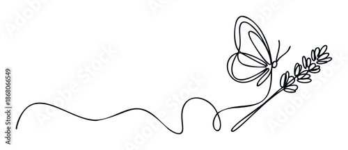 Elegant continuous line drawing of a delicate butterfly perched on a gentle lavender sprig, ideal for decorative branding, tranquil stationery, or serene spiritual applications.