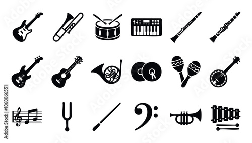 Comprehensive collection of various musical instruments and symbols in black silhouette perfect for music education and related creative projects