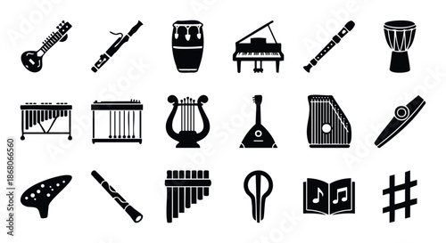 Diverse selection of musical instrument and notation black silhouette icons, useful for educational content, music school brochures, or festival event branding