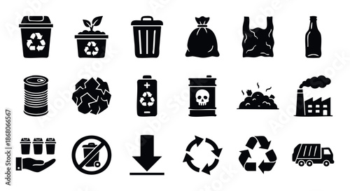 Essential vector icons depicting various aspects of waste collection recycling pollution and environmental sustainability perfect for educational materials and eco friendly presentations