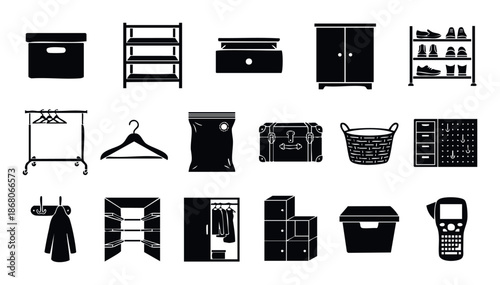 Comprehensive collection of storage and organization icons providing essential graphics for home improvement projects, ecommerce applications, and interior design concepts