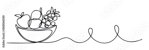 Continuous line drawing of a fruit bowl filled with fresh apples and grapes, ideal for health food promotions, culinary blogs, or modern kitchen decor concepts.